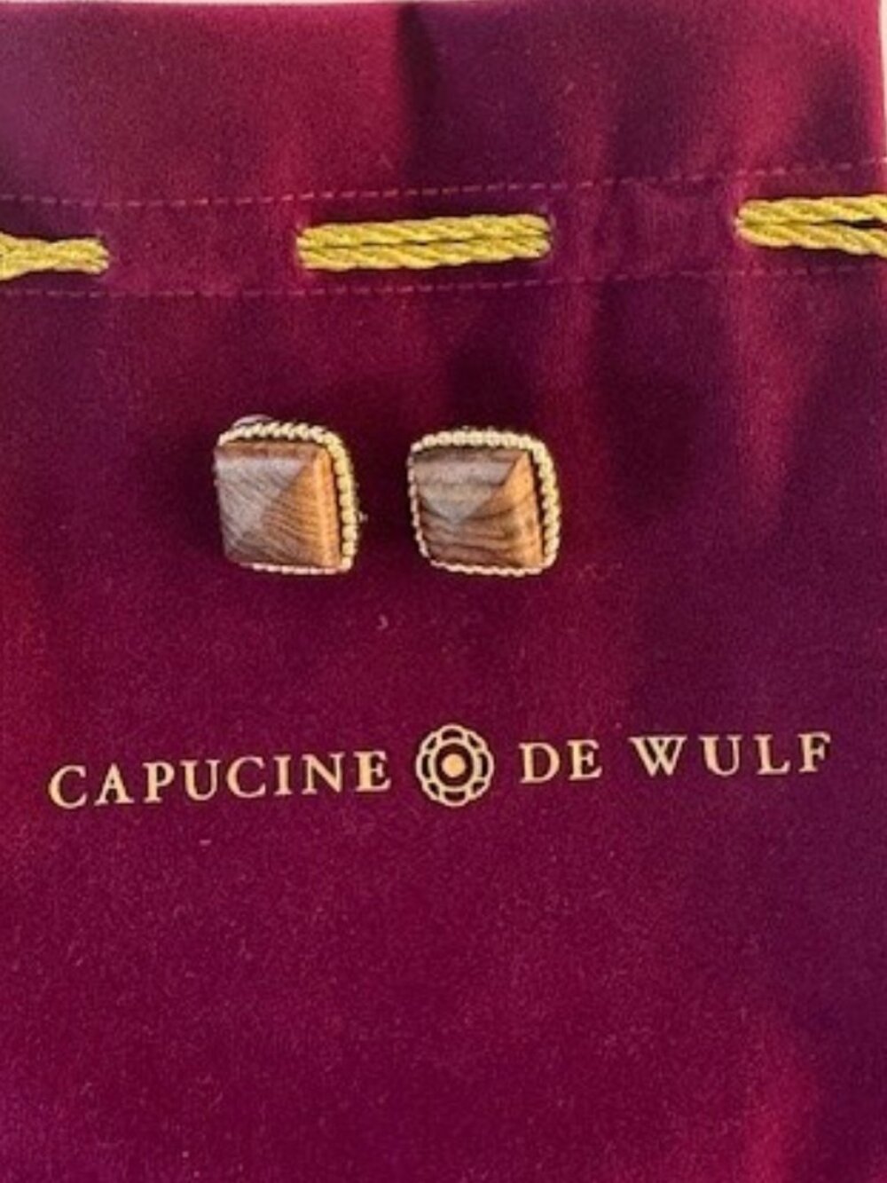 Capucine de Wulf Teak Wood Clip Square Earrings w/Gold Plated Beaded Border